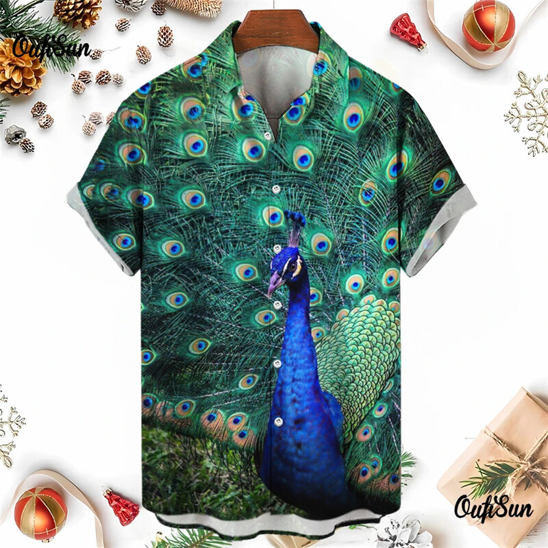 Camisa de manga corta con estampado de Animal Peafowl para hombre, ropa informal, blusas hawaianas de animales Maurya, Pavo Muticus, blusa con solapa de plumas
