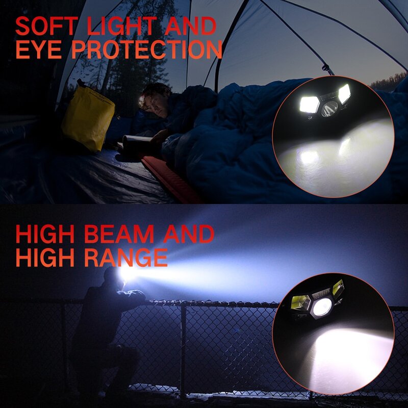 Led farol lanterna sensor de movimento lâmpada principal usb recarregável à prova dusb água farol tocha com luz vermelha 5 modos iluminação