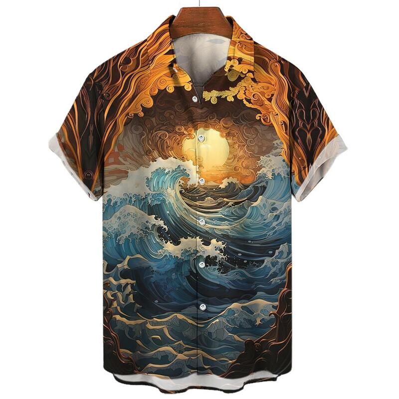 Новинка 2024, рубашки для мужчин, топы с коротким рукавом, одежда с графическим принтом в японском стиле Ukiyoe, летняя одежда большого размера, уличные мужские рубашки