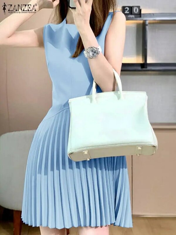 Zanzea ärmellose Büro tragen kurzes Kleid Plissee Saum Frauen 2024 Sommer elegantes Mini kleid koreanische Mode solide stilvolle Sommerkleid