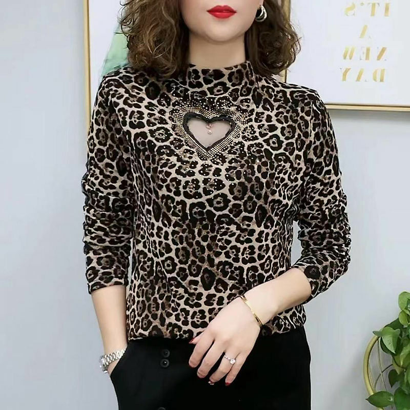 Women's Autumn Winter New Fashion Half High Collar Pullover Long Sleeved Printed Bottom Shirt Casual Versatile Western-style Top