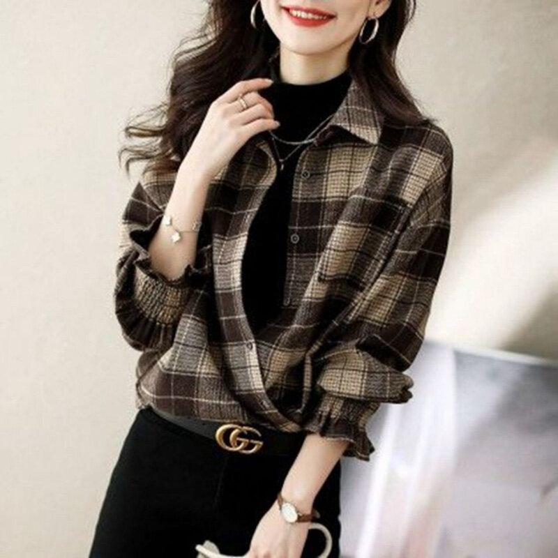 Vintage Printed Princess Sleeve Pockets Plaid Shirt Women's Clothing Autumn Winter New Office Lady Tops All-match Casual Blouse