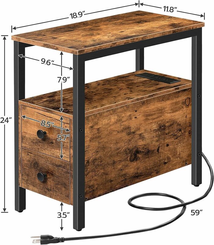 Narrow side table with 2 drawers and electrical outlet, nightstand small space, rustic brown and black  living room furniture