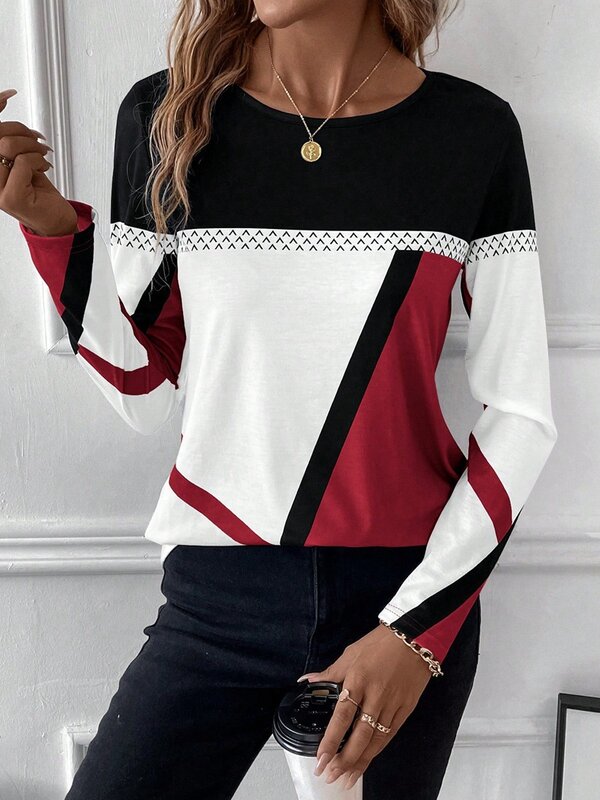 Camisola solta casual estampada geométrica feminina, pulôver gola redonda, camiseta de emenda de colisão, nova, outono e inverno