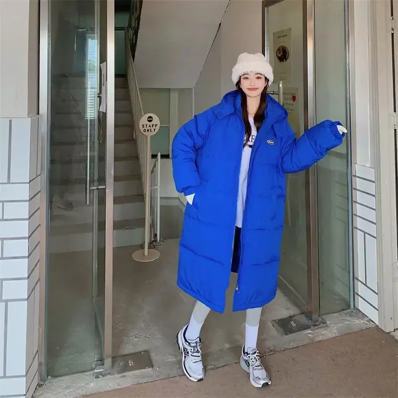 Zimowe nowe długi, z kapturem parki damskie koreańskie modne bawełniane kurtka pikowana Oversized Casual wiatroszczelny, gruby ciepły płaszcz 2024