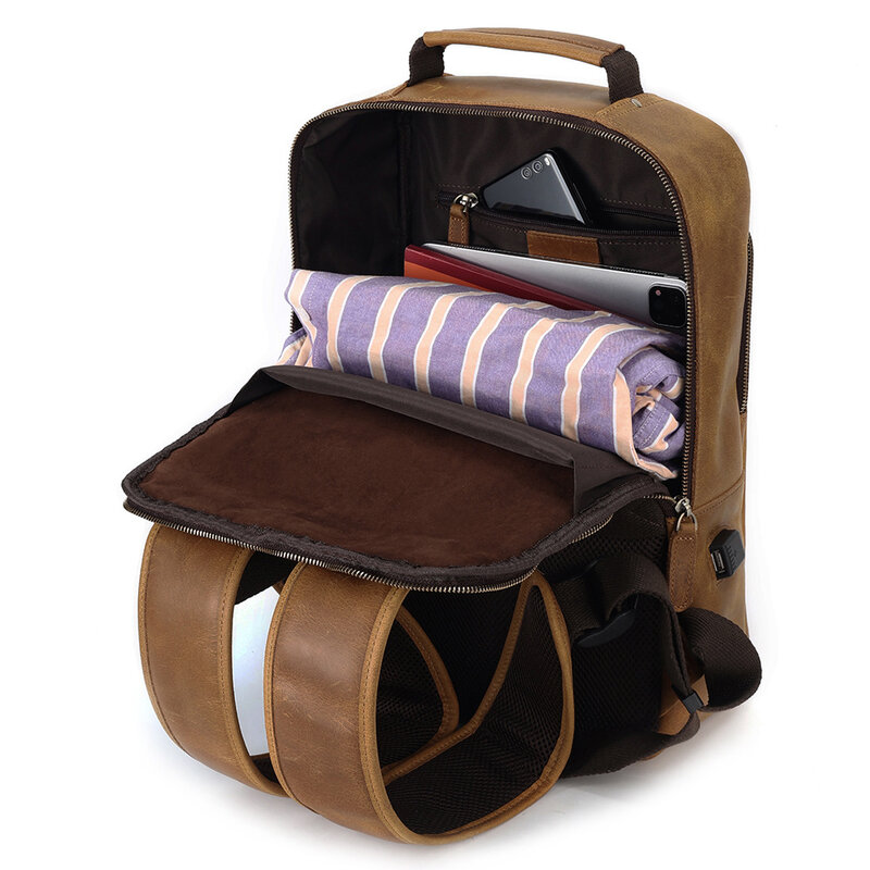 حقيبة ظهر جلدية للرجال من Crazy Horse مقاس 15.6 بوصة حقيبة كمبيوتر محمول حقيبة ظهر مدرسية جديدة بشحن USB