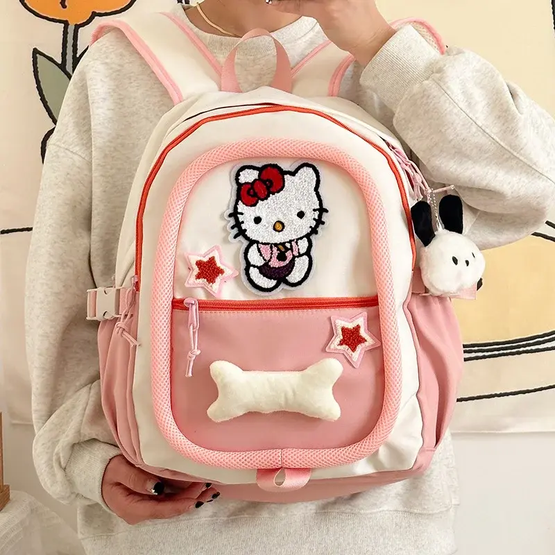 Sanrio-mochila escolar de Hello Kitty para hombre y mujer, bonita mochila de gran capacidad con hombrera de dibujos animados, novedad