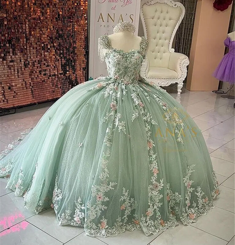 Miętowa zielona sukienka Quinceanera suknia balowa ukochana tiulowa koronka słodkie 16 sukienki 15 Años meksykańskie