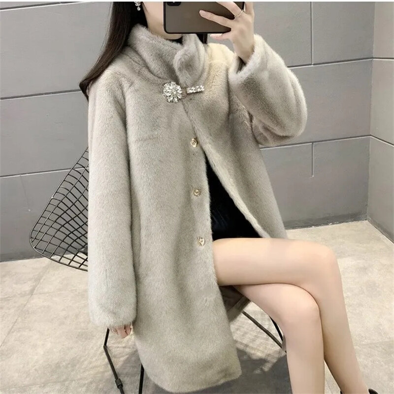 Mink Fur Coat Women's Golden Diaorong Outwear 2023New Winter Fur-Fur Integration Overcoat Stand-UP Collar Furs Jacket Female Top