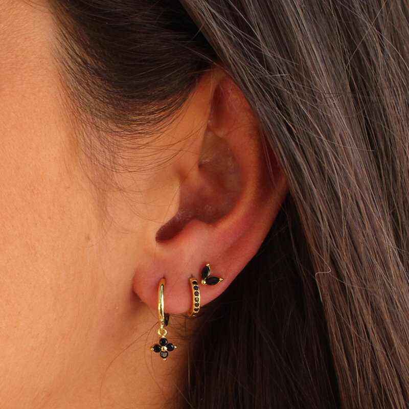 3PCS Exquisite Green Zircon Hanging Earrings Set for Women Stainless Steel Flower Dangle Earring Cartilage Piercing Jewelry