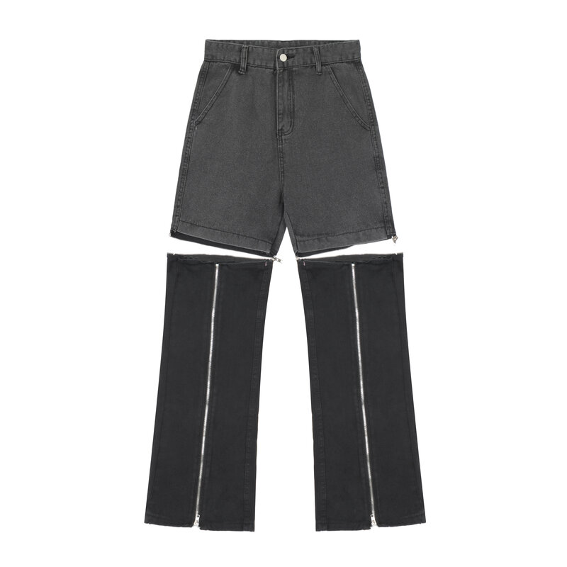 Pantalones de mezclilla Micro de retales desmontables Harajuku para hombre, ropa de calle de moda con cremallera, pantalones vaqueros de pierna ancha de bloque de color, ropa holgada