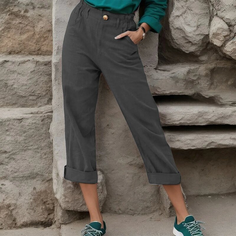 Chimadt-Pantalon en coton à taille haute pour femme, pantalon à jambe droite, bas décontractés pour femme, mode printemps et été 2024