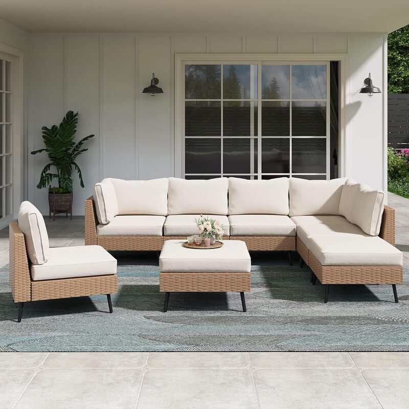 Outdoor Patio Furniture, 6/8 Piece Outdoor Sectional Sofa PE Rattan Wicker Patio Conversation Sets, All Weather Patio Furniture