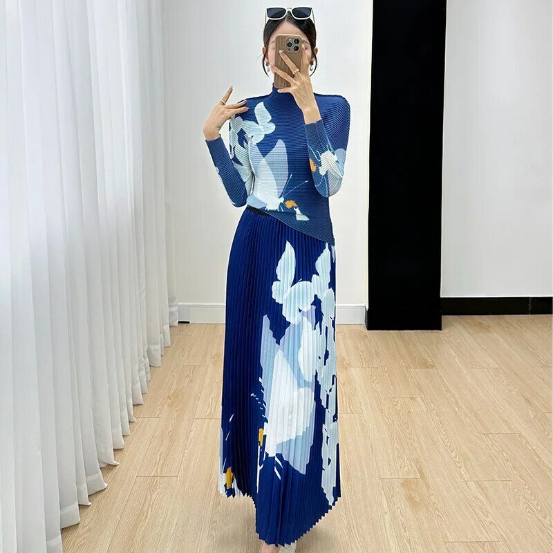 Miyake-طقم ملابس علوية مطبوعة مكون من قطعتين للنساء ، تنورة نصفية مناوبة ، مزاجه بطيات عالية ، موضة جديدة موضة ، 2023