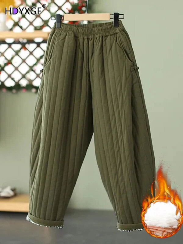 Koreańskie modne luźne spodnie z wysokim stanem damskie zimowe ciepłe do kostek workowate Pantalone Vintage Oversize 4xl bawełniane spodnie 2024 nowość