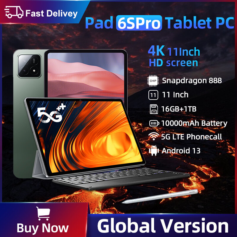 Tablet PC Original Pad 6S Pro, Snapdragon 888, 10000mAh, Android 13, 11 Polegada RAM, 16GB, 1TB, 5G HD, Tela 4K, WiFi Mi, 2021, versão Global