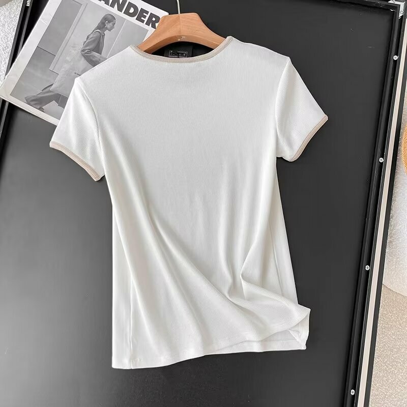 T-shirt a contrasto di base jolly Casual di nuova moda 2024 da donna Top Chic da donna a maniche corte retrò