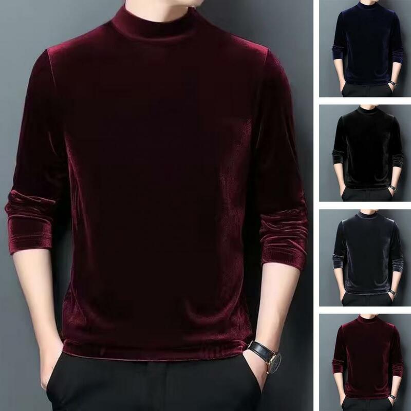 Kaus tipis kerah setengah tinggi untuk pria kaus dasar bulu musim gugur musim dingin atasan lengan panjang kaus warna Solid 2024 baru
