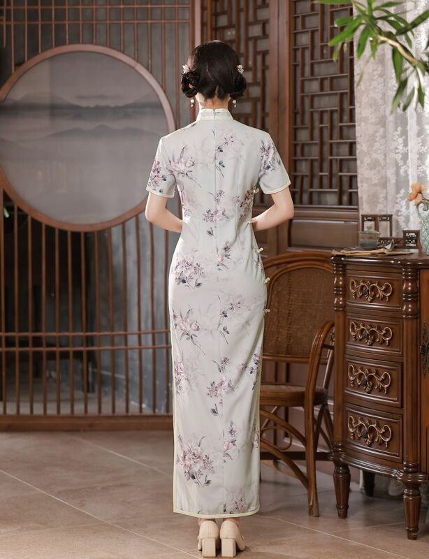 Frauen Floral Druck Dünnes Cheongsam 2023 Sommer Chinesischen Stil Retro Kurzarm Qipao