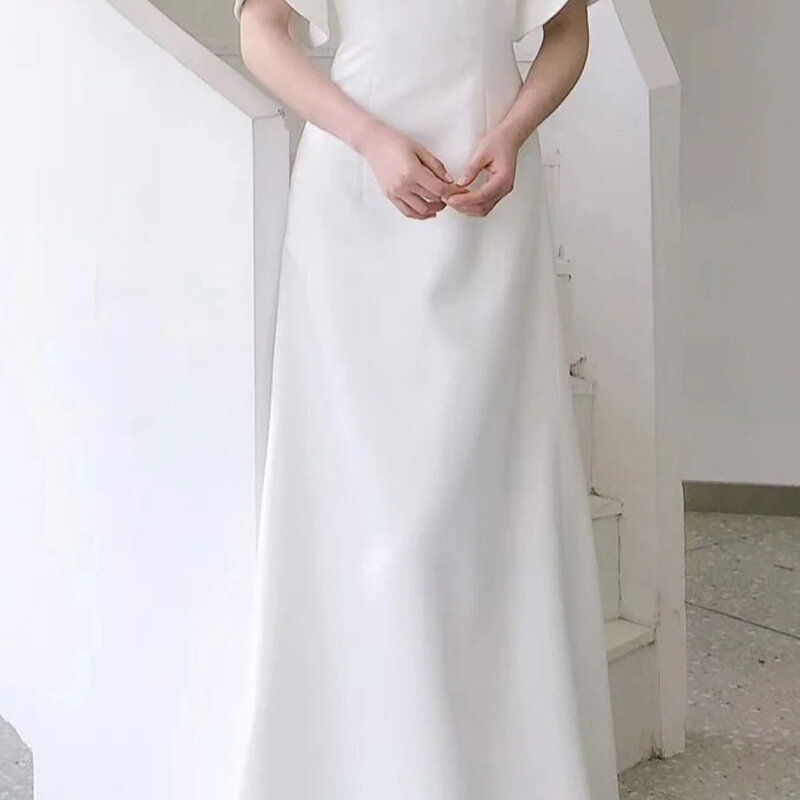 Vestido de noiva em cetim branco estilo Hepburn para mulheres, vestidos de noiva elegantes, vestido longo sexy, francês