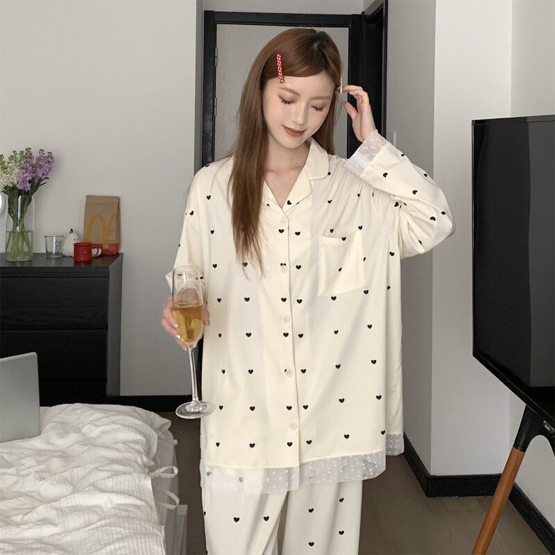Large size pure cotton pajamas spring women's 2024 new spring autumn long sleeved love all cotton set spring home clothing M-5XL