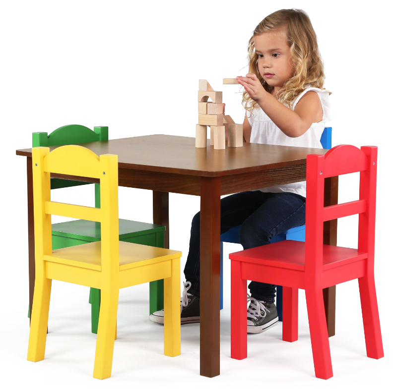 Summit Collection Kids Wood Table Chairs Set, White & Primary