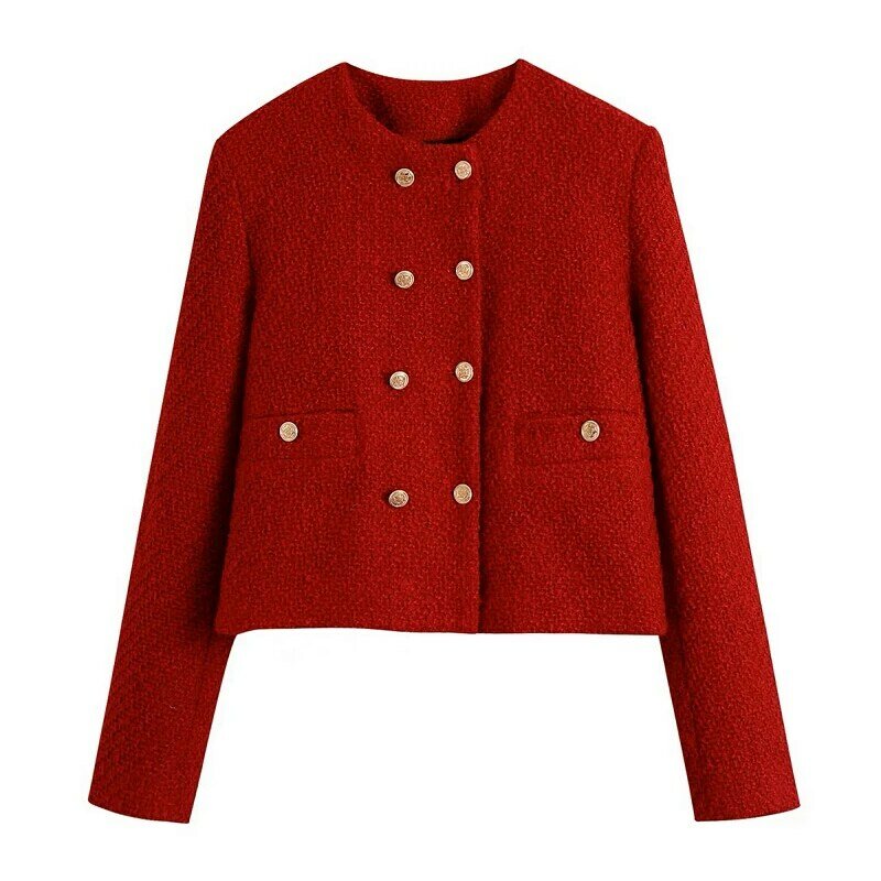 2022 zimowe damskie czerwone prochowce wełniane tweedowe krótkie kurtki blezery płaszcz przeciwdeszczowy Oem koreańska moda Y2k ubrania płaszcz parki