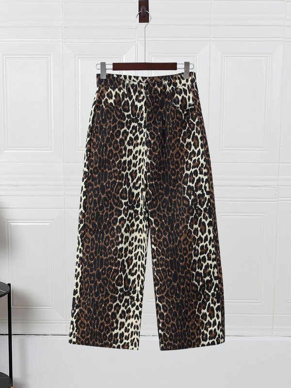 Y2k Leopard Print High Waist Cotton Pants Women Causal Loose Wide Leg Trousers Spring Ladies Retro Straight Streetwear