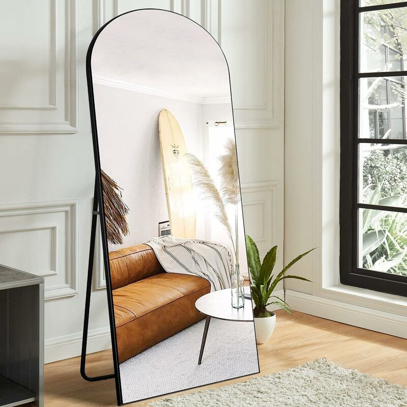 Espelho de madeira arqueada estilo mediterrâneo, em pé ou pendurado na parede, madeira maciça, inquebrável, quarto, 71x28 pol