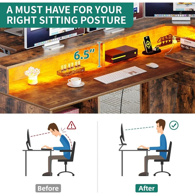 Biurko w kształcie L z gniazdkami i lampkami LED, 60-calowe biurko komputerowe z szufladami i podnośnikiem, biurko do pracy w domu z podstawa monitora