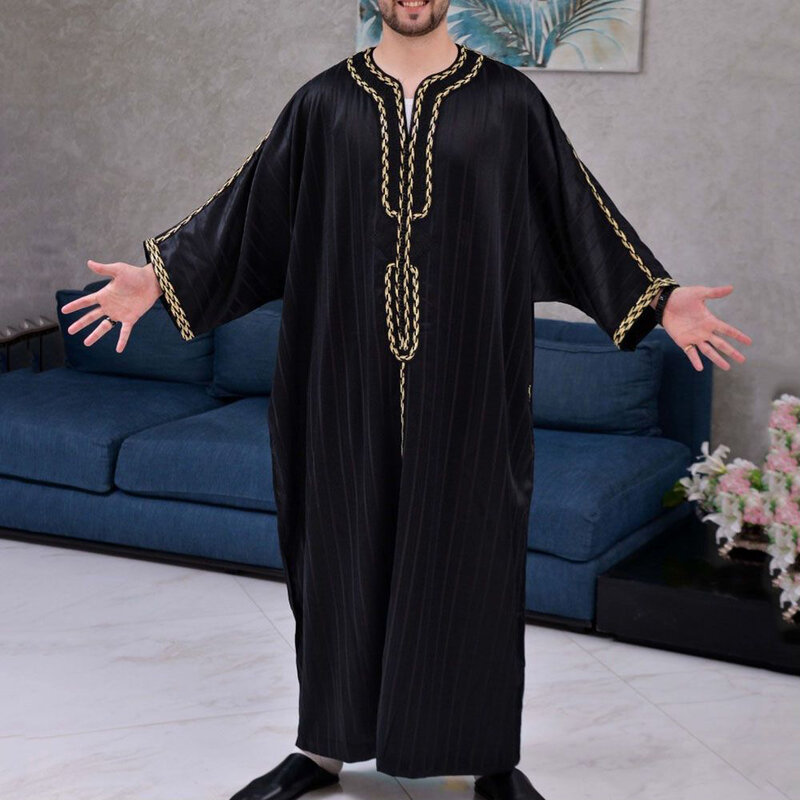 男性のためのイスラム教徒の長袖ドレス,イスラムの服,カフタン,イスラムスタイル,刺繍Vネック,着物ドレス,アバヤ,モロッコのカフタン,ドバイ