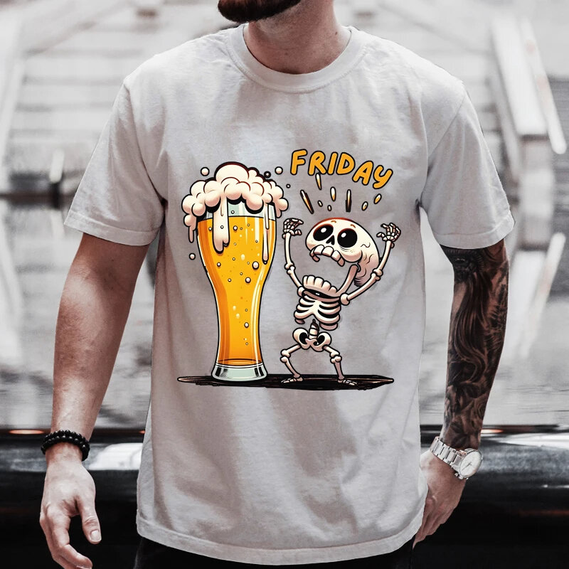 Camiseta estampada de cerveja desenho animado 3D masculino, padrão caveira, engraçado em O-pescoço, blusa de rua, extra grande, nova moda, verão