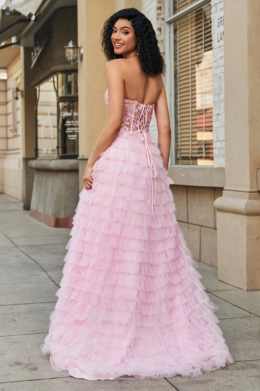 Elegant Sweetheart Tulle Ruffles Tiered Prom Dresses Floor-Length Illusion Lace-up Backless Sleeveless A-Line Evening Gowns
