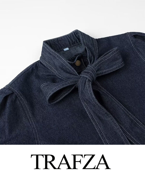 TRAFZA-Casaco jeans feminino com peito único e longo, casacos chiques soltos, decoração casual com renda, verão