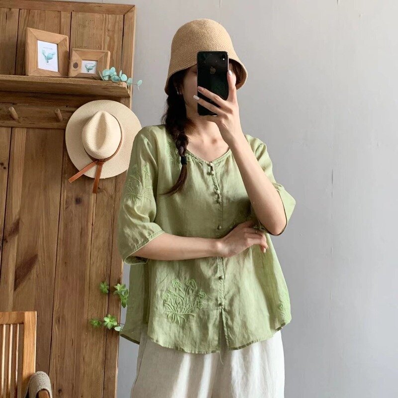 Sweet Elegant Summer New Embroidery Cotton Hemp Women's Round Neck Thin Style Button Fashion Casual Half Sleeve Loose Shirt Tops