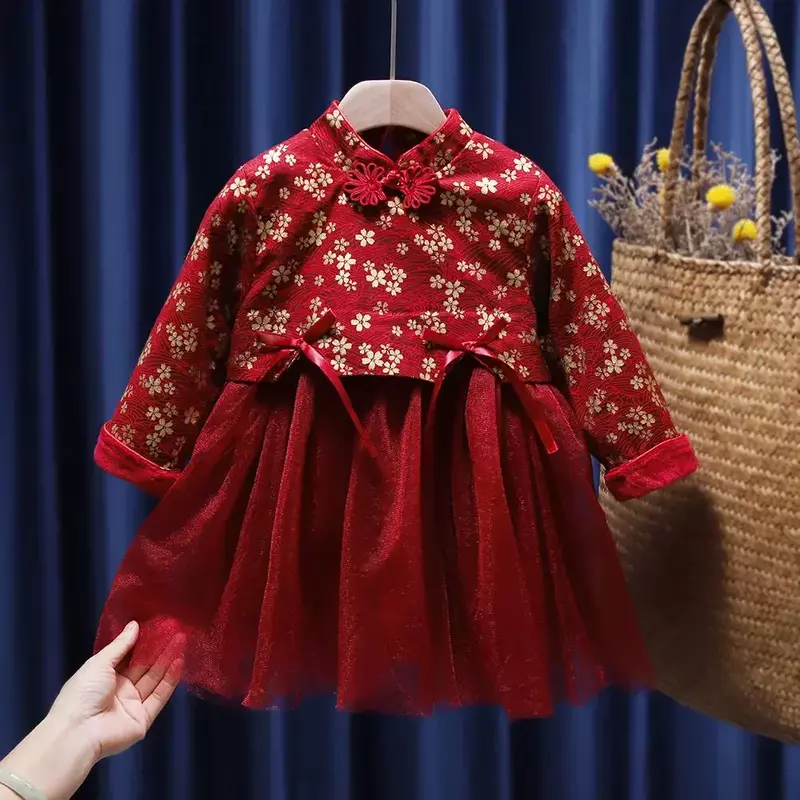 18 kolorów Baby Girl Tang pasuje do dzieci w stylu chińskim Plus aksamitne zagęszczone ciepła sukienka ślubne świąteczne sukienki księżniczki nowego roku
