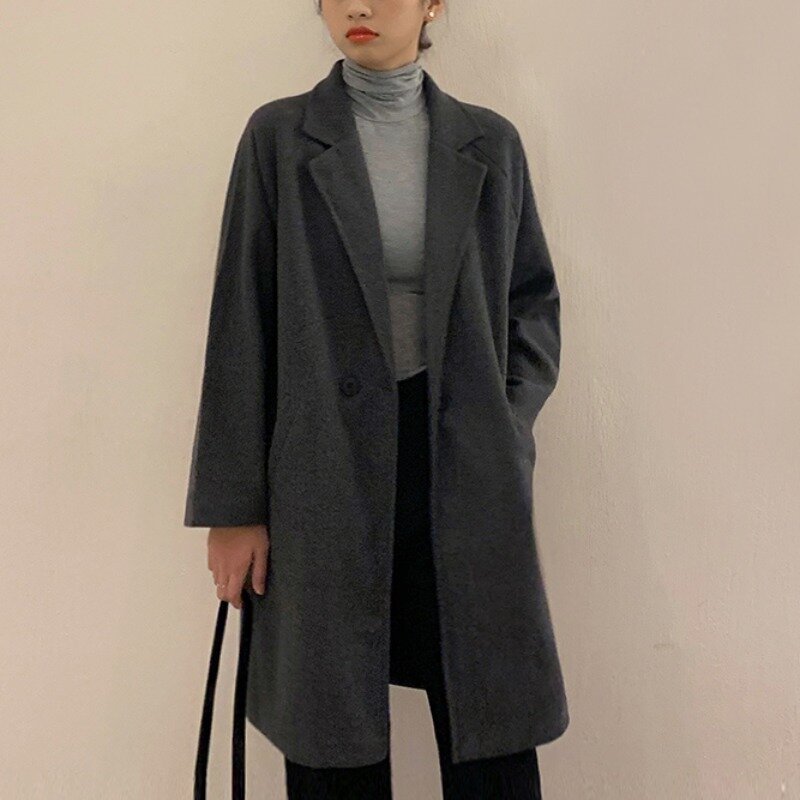 Женское шерстяное пальто средней длины, элегантное свободное повседневное пальто на одной пуговице с лацканами и карманами, осень 2023