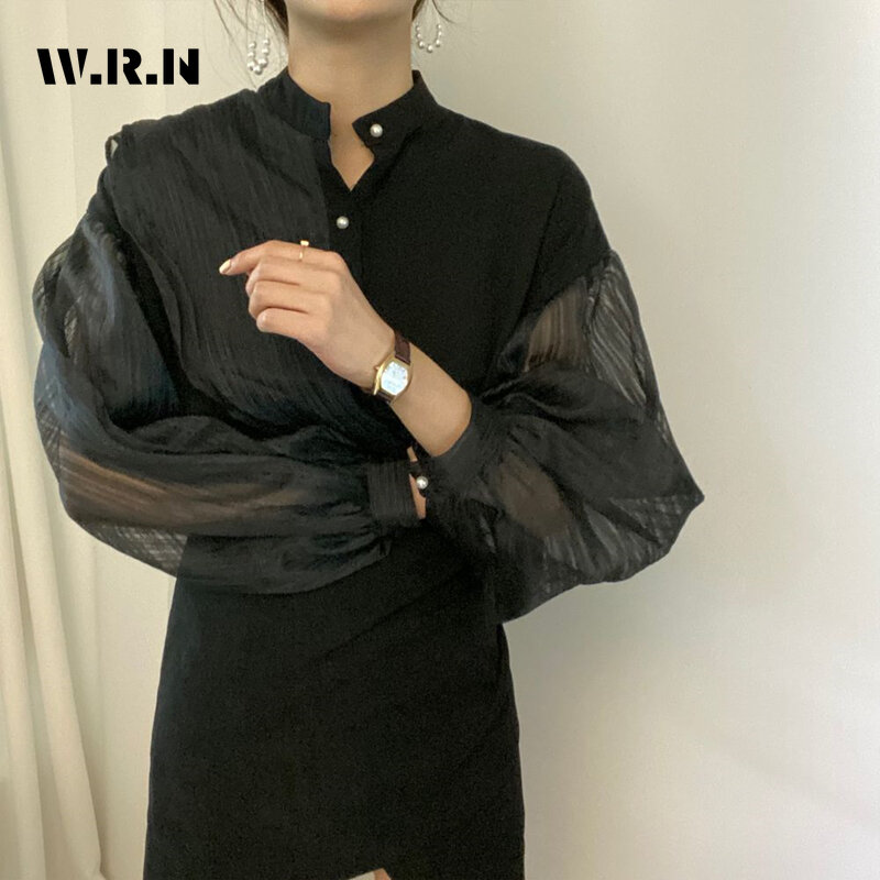 Blus Wanita Korea, blus lengan panjang tambal sulam putih kerah berdiri Korea musim semi 2024 gaya kasual sebaris longgar pas Chic