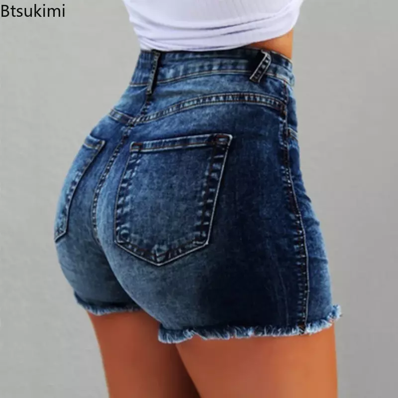 Plus Size 4XL 5XL Women's Denim Shorts Summer Lady High Waist Jeans Shorts Fringe Frayed Ripped Casual Hot Shorts With Pockets
