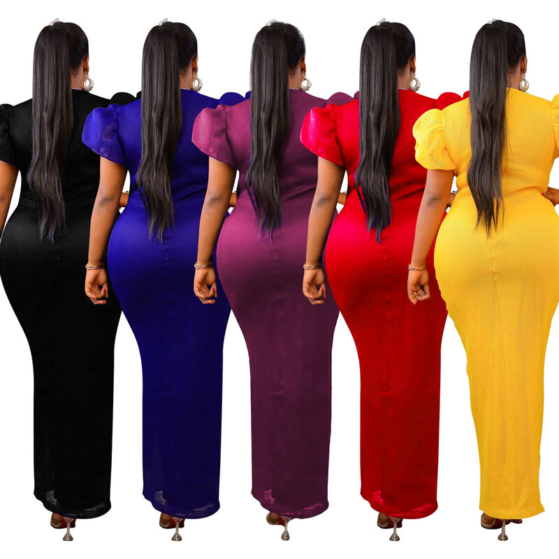 Vestido maxi longo de poliéster para mulheres, vestidos africanos, decote em v, manga curta, preto, azul, vermelho, amarelo, verão, outono