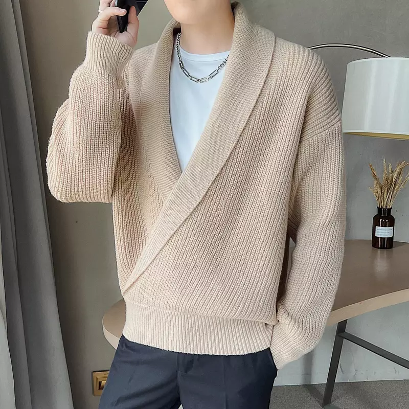 Sweater rajut leher V besar pria, mantel pullover longgar kasual leher V kepribadian polos mode musim gugur 2024