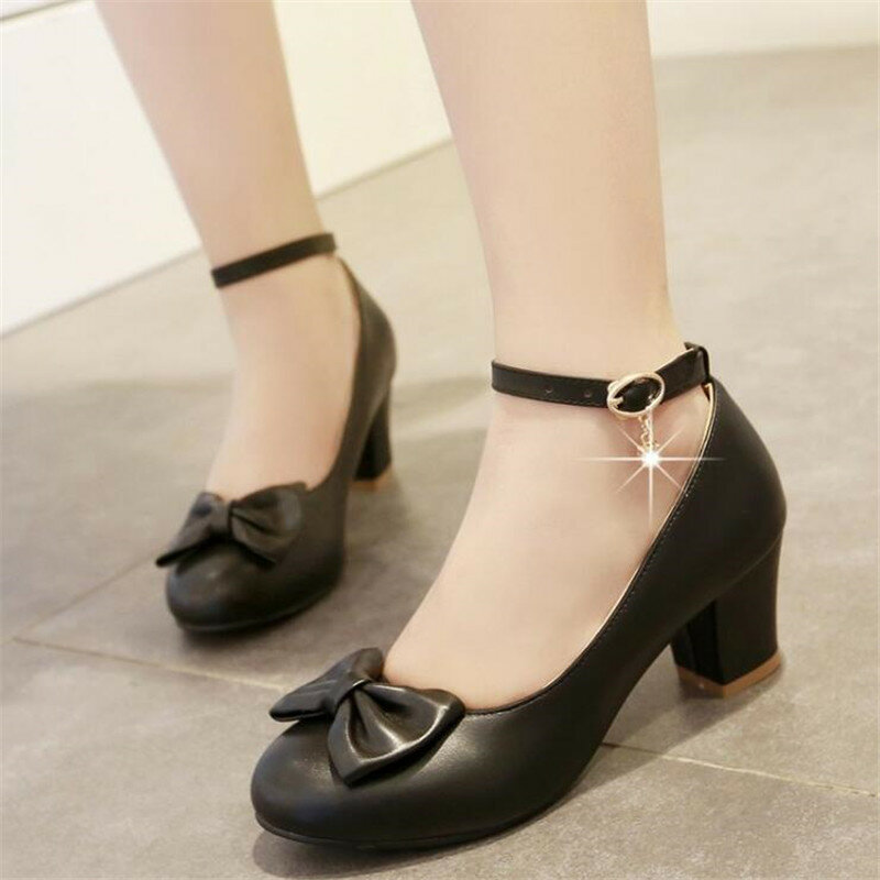 Bow Girls Shoes Fashion Women Pumps 6cm Chunky High Heels Shoes Red Black Wedding Party Office Ladies Spring Ankle Strap Shoes