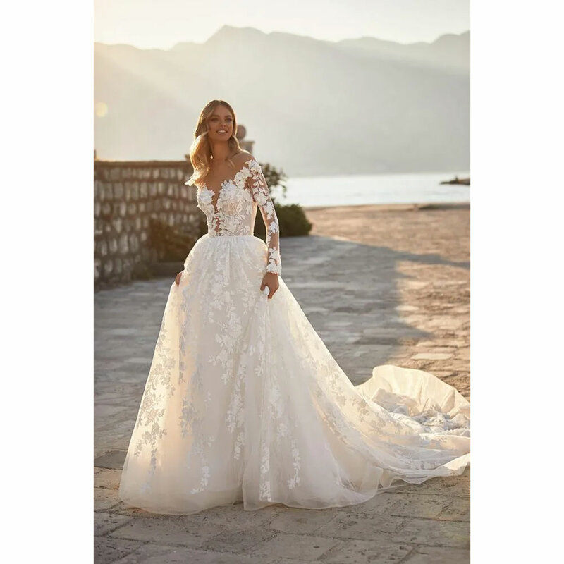 Женское ТРАПЕЦИЕВИДНОЕ свадебное платье It's yiiya, белое кружевное платье с длинным рукавом, V-образным вырезом и открытой спиной, со шлейфом на лето