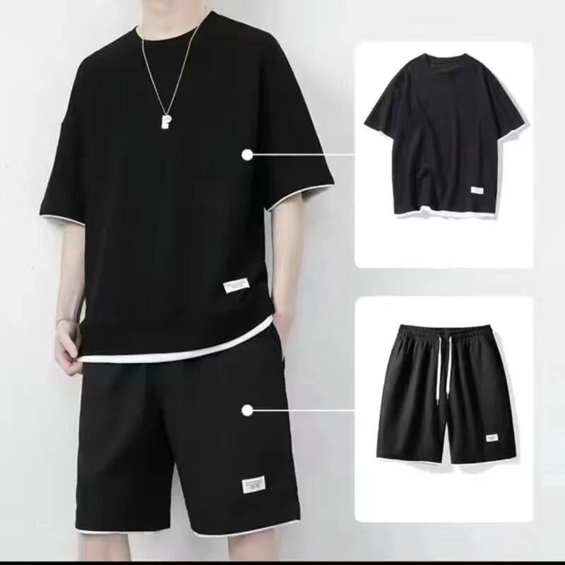 Футболка и шорты мужские спортивные, Шелковый комплект с коротким рукавом, модная рубашка, 2 предмета