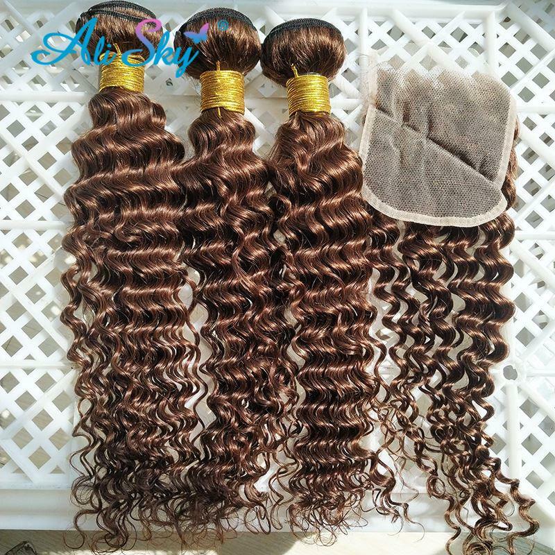 Light Brown Deep Curly #4  Human Hair Bundles With 4X4 Lace Closure 3Bundles Weave Wholesale Thick and Full Soft Curly Weave