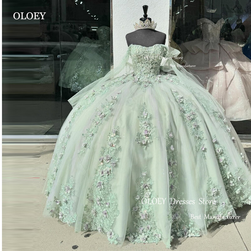 OLOEY Gorgeous Luxury Ball Gown Quinceanera Dresses Off Shoulder 3 D Flowers Lace Princess Wedding Dress 15 Sweet Party