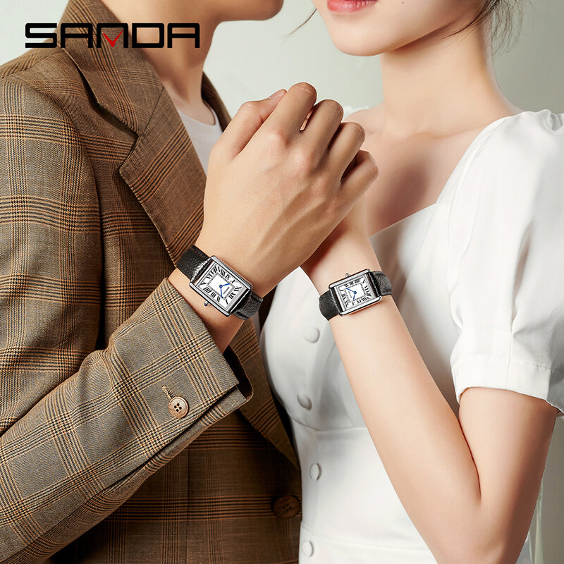 SANDA-Relógio de pulso retangular com capa prateada para mulheres, pulseira de couro genuíno, relógio de quartzo