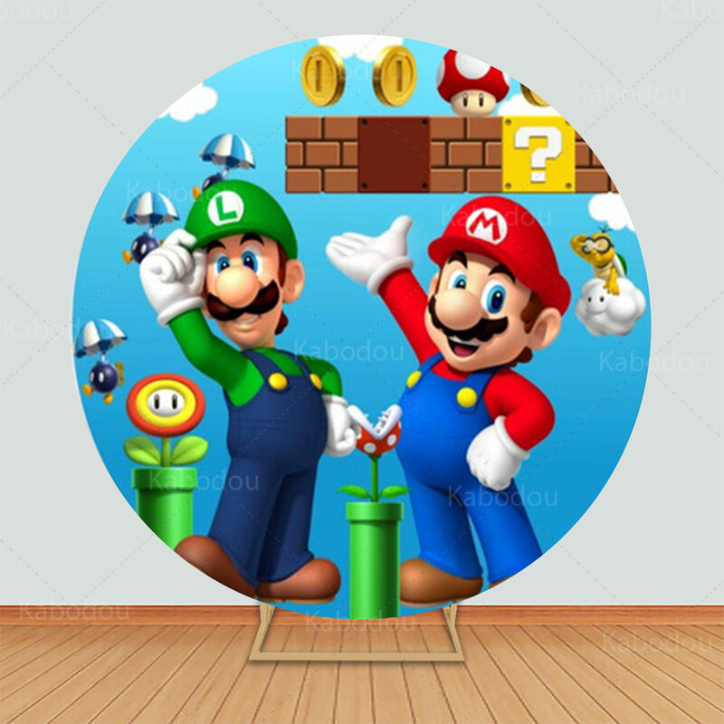 ฉากหลังทรงกลมลาย Super Mario Bros สำหรับเด็กผู้ชายและปาร์ตี้เด็กวันเกิดของเด็กอุปกรณ์ตกแต่งโปสเตอร์รูปภาพวงกลม