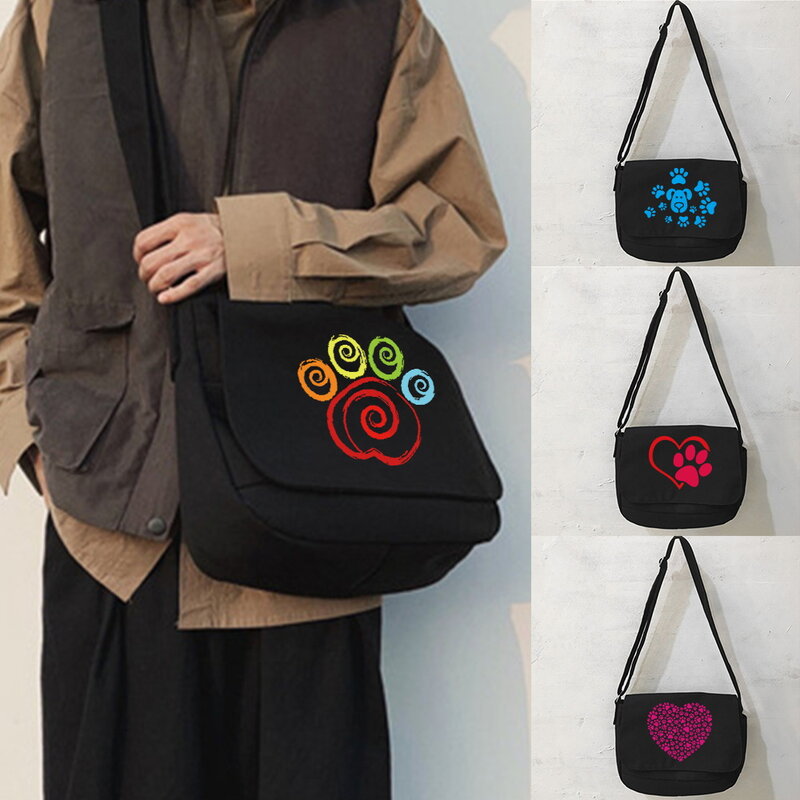 Bolsa de mensajero multifunción para estudiantes, bolso juvenil de moda y versátil, portátil, con patrón de huellas de un hombro
