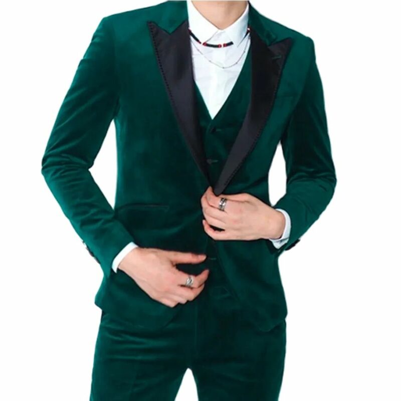 Trajes de terciopelo verde oscuro para hombre, traje ajustado de 3 piezas, solapa con visera negra, esmoquin de novio de boda, conjunto de ropa de moda personalizado
